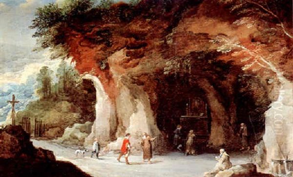 A Mountainous Landscape With A Grotto, Pilgrims And Monks - view 1