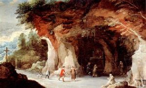 A Mountainous Landscape With A Grotto, Pilgrims And Monks by Joos de Momper the Younger