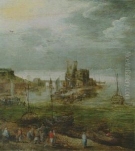 A Harbor With Fisherfolk Gathered On The Shore And Boats Moored Nearby, A Castle Beyond