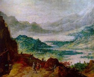 An Extensive Mountainous Landscape With Huntsmen And Travellers On A Path