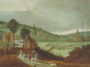 A Hunting Party Setting Out A Country Road, A Village Nearby