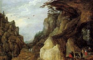 La Halte Des Bohemiens Pres De La Cascade Dans Un Paysage De Montagne by Joos de Momper the Younger