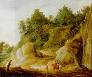 Travellers On A Track By A Waterfall, A Castle On A Mountain Top Beyond by Joos de Momper the Younger