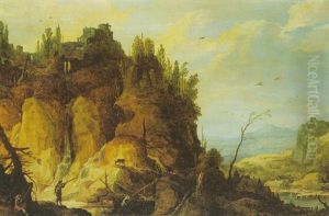 A Mountainous Panoramic Landscape With Huntsmen Shooting Ibex A Mountainous Panoramic Landscape With Huntsmen Shooting Ibex