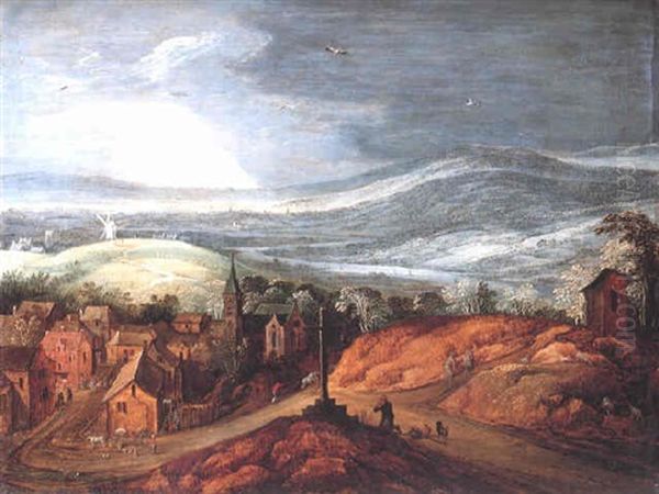 An Extensive Rural Landscape With A Pilgrim Kneeling Before A Roadside Shrine - view 1