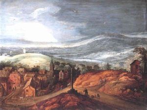 An Extensive Rural Landscape With A Pilgrim Kneeling Before A Roadside Shrine