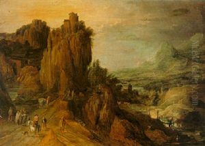 Extensive Mountainous River Landscape With Horsemen And Travelers