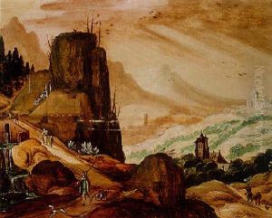 An Alpine Landscape With Travellers On A Track By A Waterfall