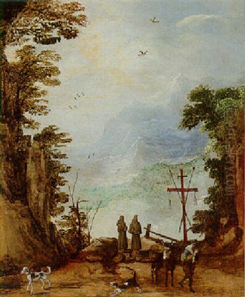 A Rocky Landscape With Monks, A Traveller And Dogs On A Track - view 1