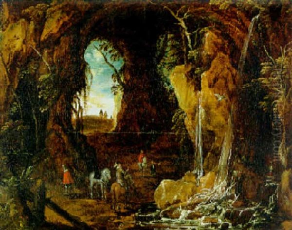 Felsgrotte Mit Wasserfall Und Rastenden Reitern - view 1