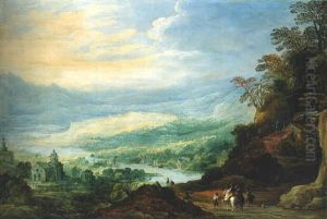 An Extensive River Landscape With Horsemen On A Track Near A Cottage On A Hillside