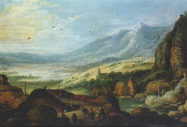 An Extensive Alpine Landscape With A Watermill, Peasants Resting On A Track In The Foreground - view 1