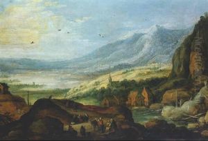 An Extensive Alpine Landscape With A Watermill, Peasants Resting On A Track In The Foreground