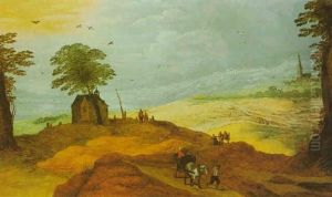 A Hilly Landscape With Horse-drawn Carts On A Road Near A Chapel, A Church Tower Beyond by Joos de Momper the Younger