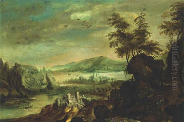 An Extensive River Landscape With Travellers On A Hillside Path - view 1