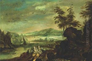 An Extensive River Landscape With Travellers On A Hillside Path by Joos de Momper the Younger