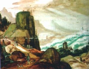 Rocky Landscape With A Waterfall And Travellers On A Footpath