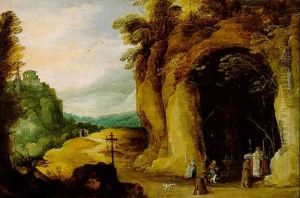 A Mountainous Landscape With Pilgrims At A Chapel by Joos de Momper the Younger
