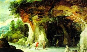 Gebirgslandschaft Mit Einer Felsgrotte, Pilgern Und Monchen by Joos de Momper the Younger