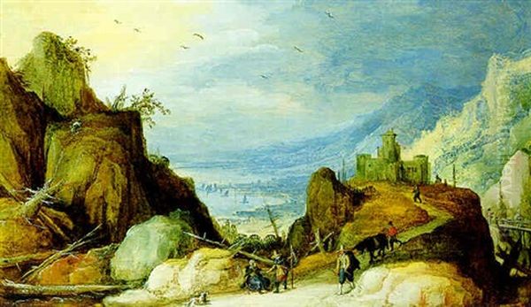 Gebirgige Fluslandschaft Mit Reisenden - view 1