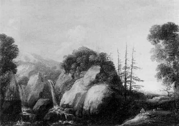 A Mountainous Landscape With A Shepherd Playing The Flute By A Waterfall - view 1