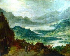 An Extensive Mountainous Landscape With Huntsmen And Travellers On A Path Overlooking A River Valley