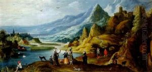 An Extensive River Landscape With An Elegant Couple, Said To Be The King And Queen Of Bohemia by Joos de Momper the Younger