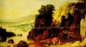 A Mountainous River Landscape With Travellers In The Foreground by Joos de Momper the Younger