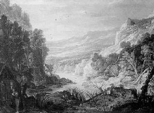 An Extensive Landscape With A Hermit At A Shrine In The Foreground