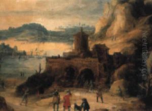A Rocky Landscape With Soldiers By A Coastal Fort Overlooking A Port