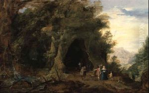 Gebirgslandschaft Mit Andacht In Einer Felsgrotte