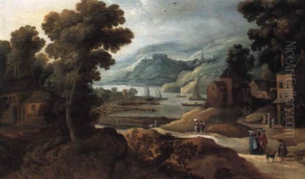 A Valley With Townsfolk Conversing On A Track - view 1