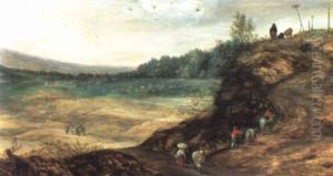 An Extensive Wooded Landscape With Peasants On A Track Climbing A Bluff