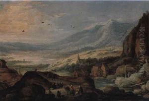 An Extensive Alpine Landscape With A Watermill, A Lake Beyond by Joos de Momper the Younger
