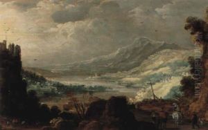 Paysage De Montagne Avec Chateau Au Bord D'un Fleuve
