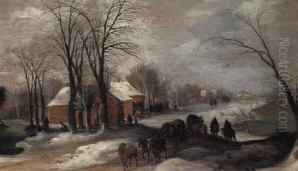 A Winter Landscape With Travellers On A Village Path - view 1