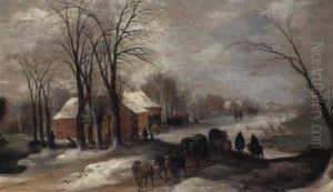 A Winter Landscape With Travellers On A Village Path