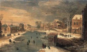 A Winter Landscape With Villagers Skating On A Frozen Waterway
