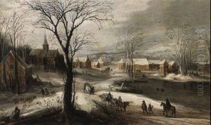 Paysage De Neige Au Lac Gele Pres D'un Village
