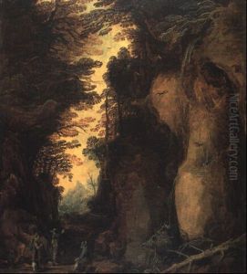 Paysage Alpin Avec Trois Voyageurs Devant Une Cascade by Joos de Momper the Younger