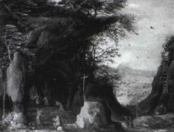 Priest Celebrating Mass In A Grotto With Monks Praying Nearby - view 1
