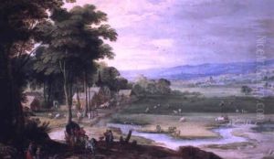 Paysage De Prairie Et Ruisseau Pres D'un Village