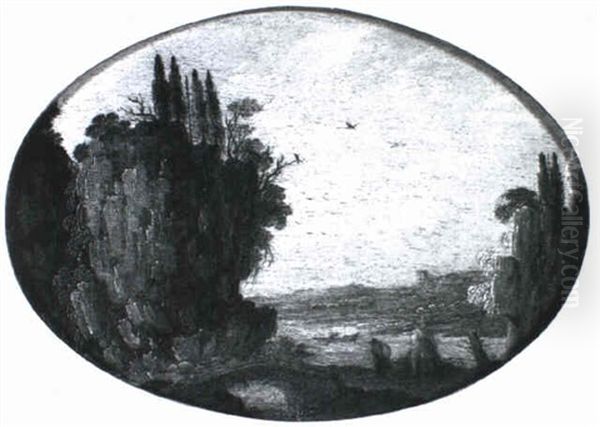 Paisaje Con Rio Y Figuras Sobre Un Puente - view 1