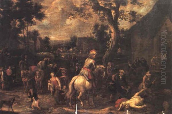 Paysage Montagneux: Personnages Se Promenant Au Bord D'un Ruisseau Au Premier Plan - view 1