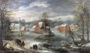 A Village Landscape In Winter With A Woodchopper And Figures On A Road Beside A River In The Foreground