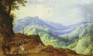 Travellers On A Path In An Extensive Mountainous Landscape Travellers On A Path In An Extensive Mountainous Landscape