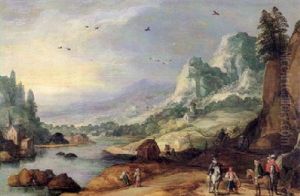 An Extensive Hilly River Landscape With Travellers On A     Road
