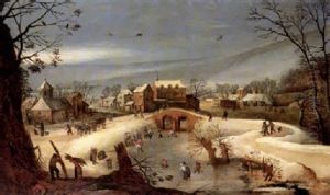 A Winter Landscape With Woodcutters Working At The Base Of A Tree Overlooking A Frozen River Which Figures Cross...