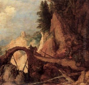 An Extensive Rocky Landscape With Two Riders Crossing A     Bridge Over A Ravine