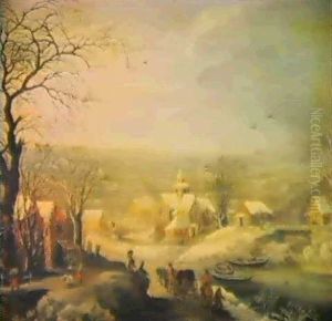 A Winter Landscape With A Town By A Frozen Waterway